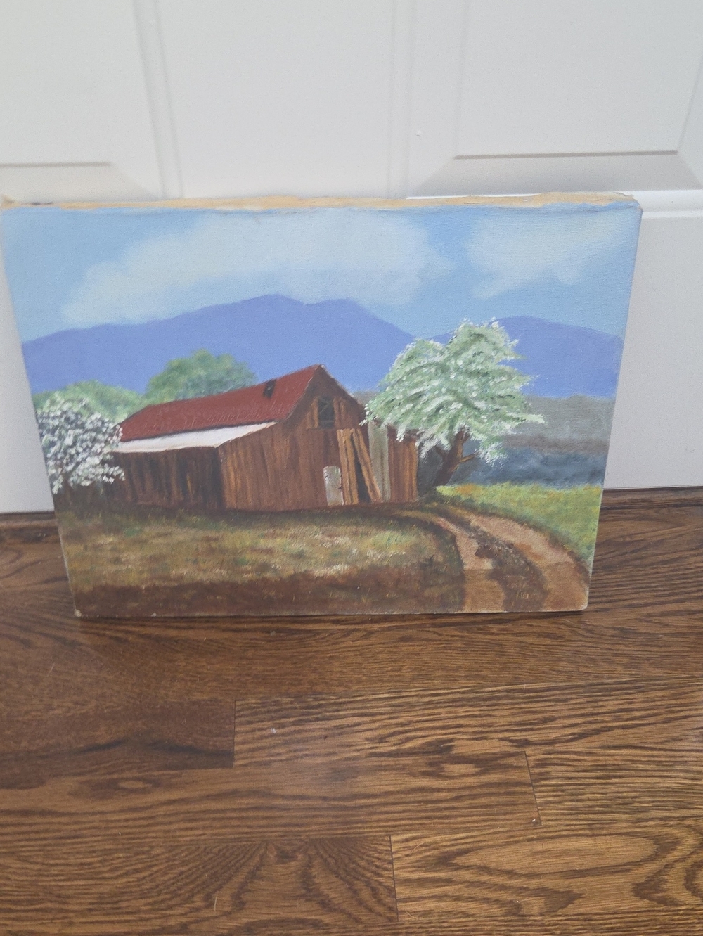 Hand-Painted Rustic Barn Landscape Canvas Wall Art - Brown & Blue